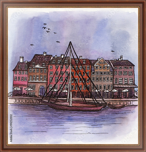 Постер Лодка на канале Амстердама с типом исполнения На холсте в раме в багетной раме 35-M719P-83