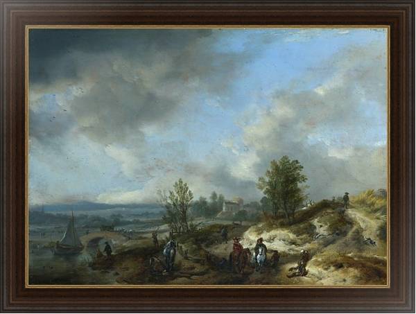Постер Песчаный пейзаж с рекой и людьми с типом исполнения На холсте в раме в багетной раме 1.023.151