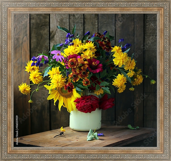 Постер Натюрморт с букетом осенних цветов в бидоне с типом исполнения На холсте в раме в багетной раме 484.M48.310