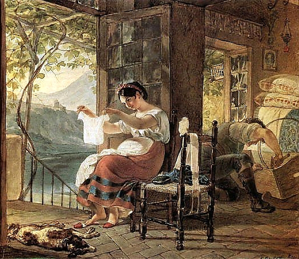 Постер Итальянка, ожидающая ребенка, разглядывает рубашку, муж сколачивает колыбель. 1831 с типом исполнения На холсте без рамы