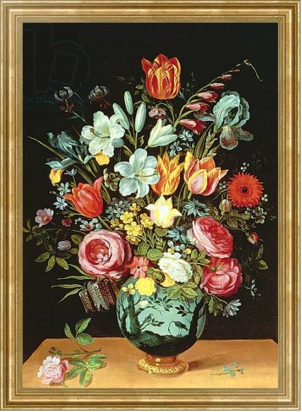 Постер A Still Life of Flowers in a Porcelain Vase Resting on a Ledge с типом исполнения На холсте в раме в багетной раме NA033.1.051
