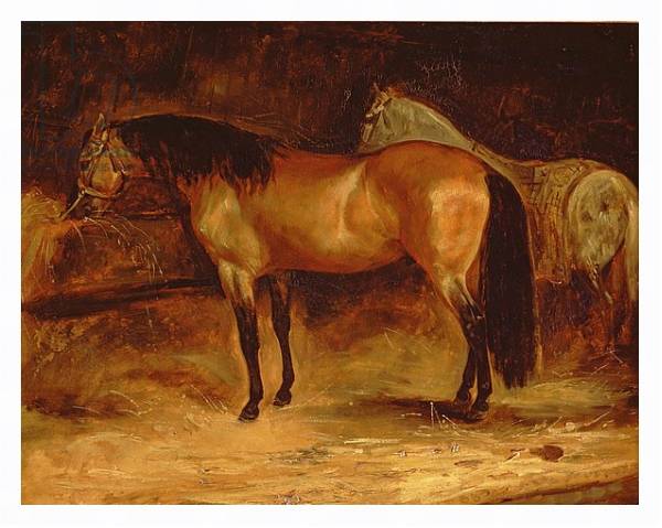 Постер A Bay Horse at a manger, with a grey horse in a rug с типом исполнения На холсте в раме в багетной раме 221-03
