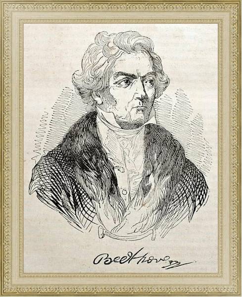Постер Ludwig van Beethoven old engraved portrait and autograph. Published on Magasin Pittoresque, Paris, 1 с типом исполнения Акварель в раме в багетной раме 484.M48.725