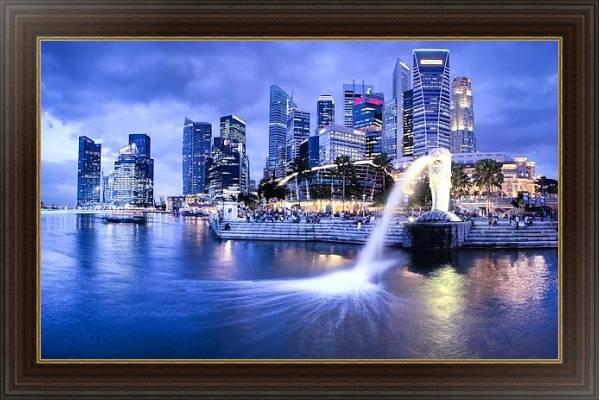 Постер Сингапур. Ночной вид с типом исполнения На холсте в раме в багетной раме 1.023.151