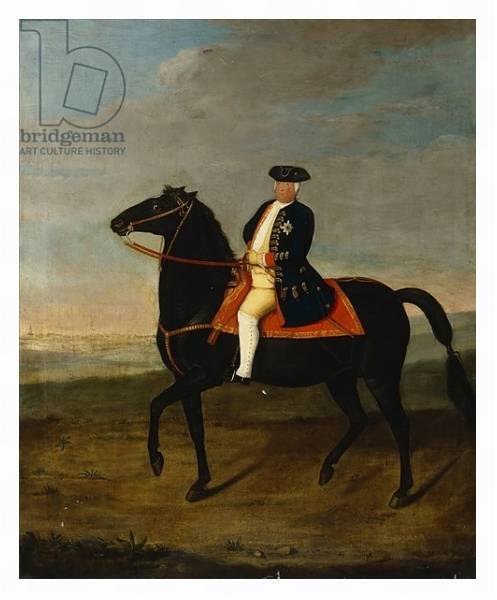 Постер King Frederick William I on Horseback with Potsdam in the background, c.1735 с типом исполнения На холсте в раме в багетной раме 221-03
