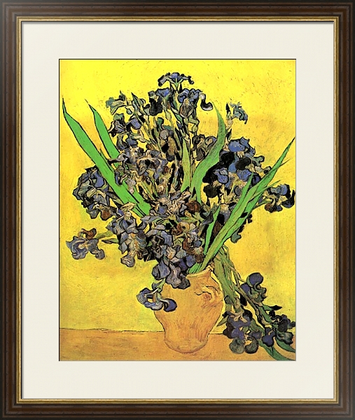 Постер Натюрморт: ваза и ирисами на желтом фоне с типом исполнения Под стеклом в багетной раме 1.023.036