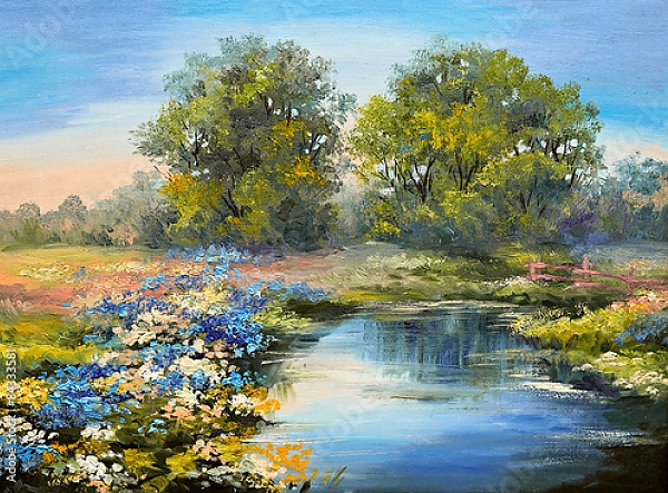 Постер Река в лесу, красочные поля цветов с типом исполнения На холсте без рамы