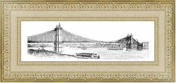 Постер John A. Roebling Suspension Bridge, from Cincinnati, Ohio to Covington, Kentucky, USA vintage engrav с типом исполнения Акварель в раме в багетной раме 484.M48.725