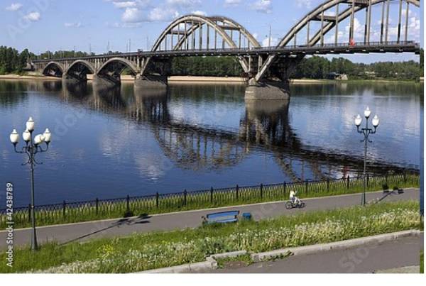 Постер Россия, Рыбинск. Мост через Волгу с типом исполнения На холсте без рамы