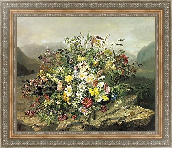 Постер Букет цветов на фоне горного пейзажа с типом исполнения На холсте в раме в багетной раме 484.M48.310