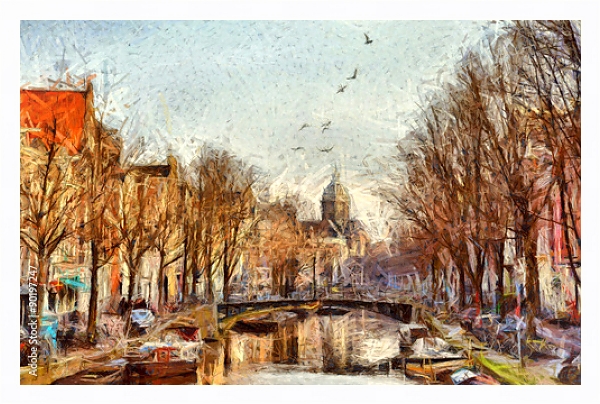 Постер Амстердамский канал на утренней городской улице с типом исполнения На холсте в раме в багетной раме 221-03