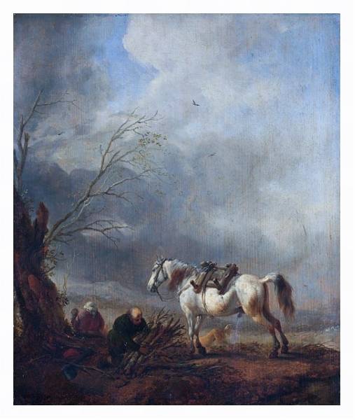 Постер Белая лошадь и престарелый мужчина, связывающий дрова с типом исполнения На холсте в раме в багетной раме 221-03