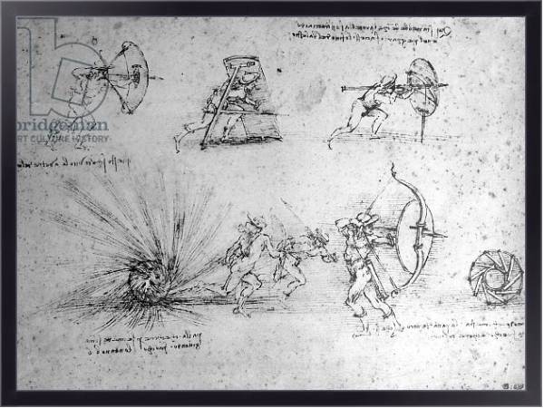 Постер Study with Shields for Foot Soldiers and an Exploding Bomb, c.1485-88 с типом исполнения На холсте в раме в багетной раме 221-01