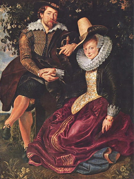 Постер Автопортрет с женой Изабеллой Брант в зарослях жимолости с типом исполнения На холсте без рамы