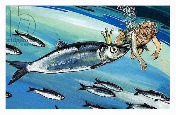 Постер Boy swimming with a fish, illustration from 'The Water Babies' by Charles Kingsley с типом исполнения На холсте в раме в багетной раме 221-03