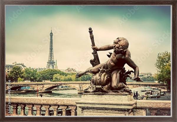 Постер Париж, Франция. Статуя на мосту через Сену с типом исполнения На холсте в раме в багетной раме 221-02