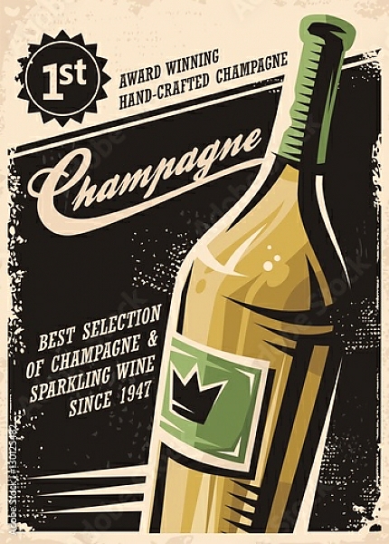 Постер Champagne vintage poster design with bottle and creative typo on dark background с типом исполнения На холсте без рамы
