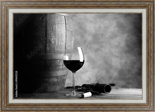 Постер Бокал вина и бочка, чёрно-белая фотография с типом исполнения На холсте в раме в багетной раме 595.M52.330