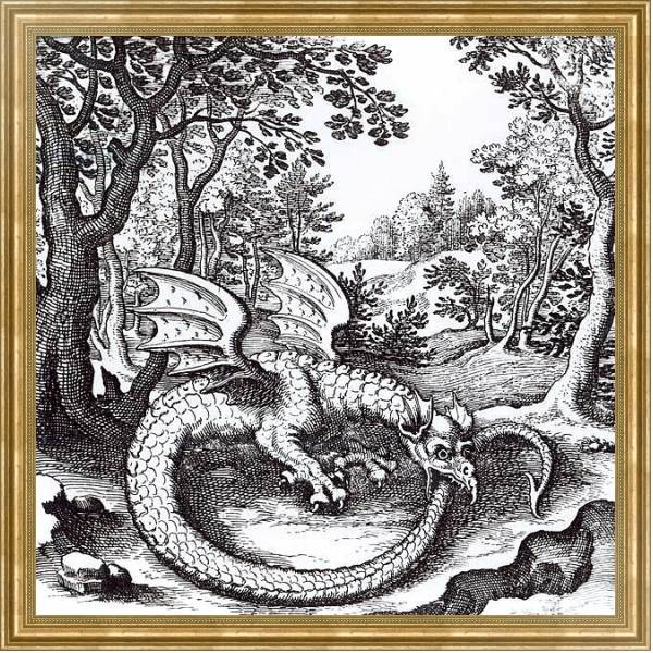 Постер A Dragon in the Forest, from 'Musaeum Hermeticum Reformatum' by Basil Valentine, 1678 с типом исполнения На холсте в раме в багетной раме NA033.1.051