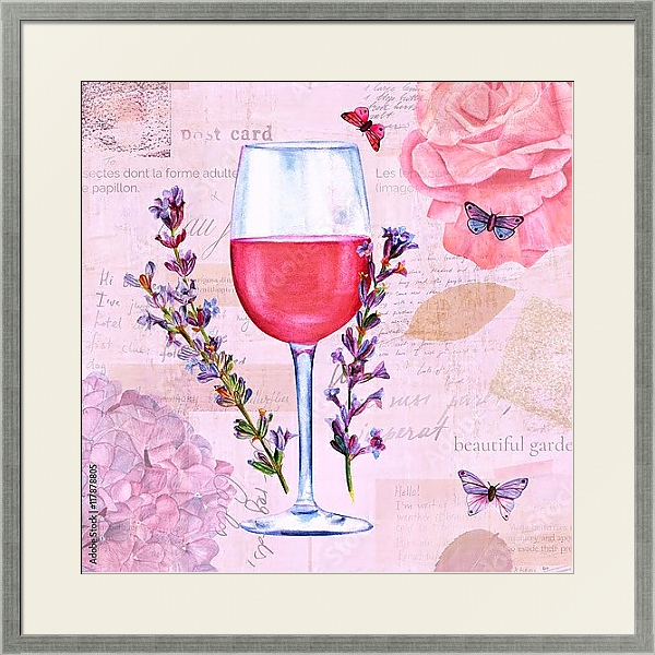 Постер Бокал с вином и цветами лаванды с типом исполнения Под стеклом в багетной раме 1727.2510