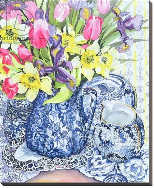 Постер Daffodils, Tulips and Irises with Blue Antique Pots с типом исполнения На холсте без рамы