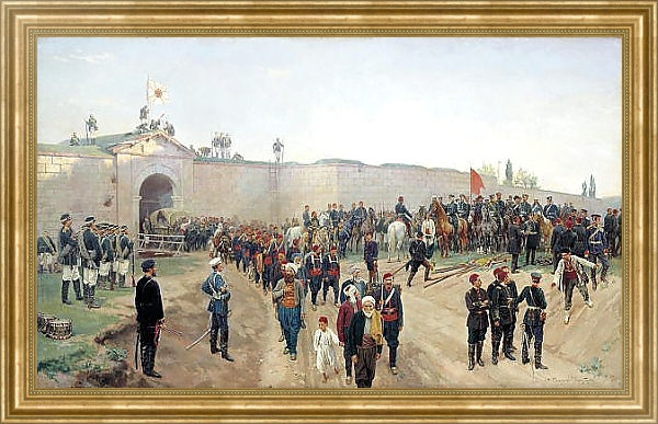 Постер Сдача крепости Никополь 4 июля 1877 года. 1883 с типом исполнения На холсте в раме в багетной раме NA033.1.051