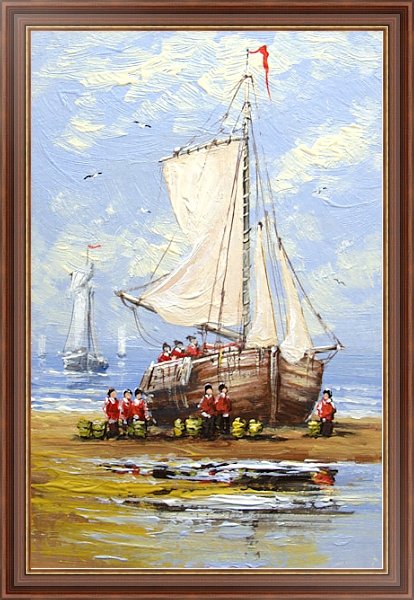 Постер Рыбаки рядом с парусником на берегу с типом исполнения На холсте в раме в багетной раме 35-M719P-83