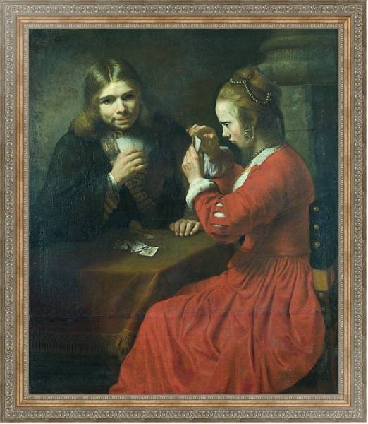 Постер Молодые юноша и девушка, играющие в карты с типом исполнения На холсте в раме в багетной раме 484.M48.310