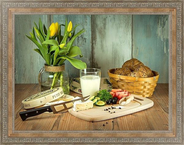 Постер Завтрак с сыром, овощами и молоком с типом исполнения На холсте в раме в багетной раме 484.M48.310
