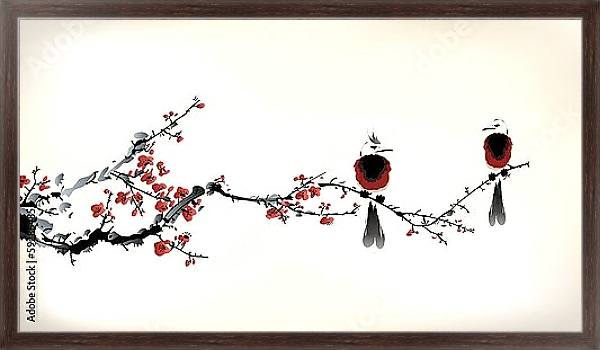 Постер Две птицы и ветка сакуры с типом исполнения На холсте в раме в багетной раме 221-02