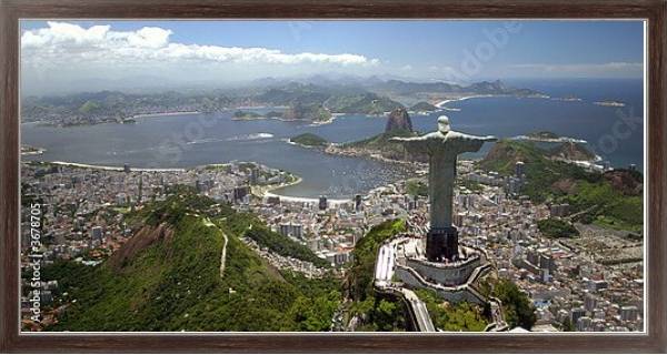 Постер Бразилия, Рио-де-Жанейро. Иисус на фоне бухты с типом исполнения На холсте в раме в багетной раме 221-02