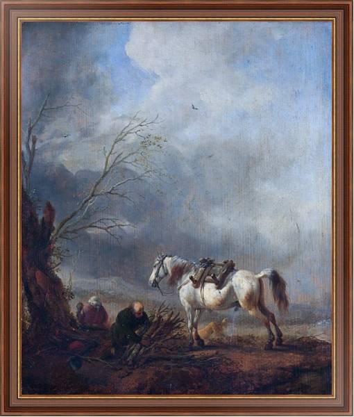 Постер Белая лошадь и престарелый мужчина, связывающий дрова с типом исполнения На холсте в раме в багетной раме 35-M719P-83