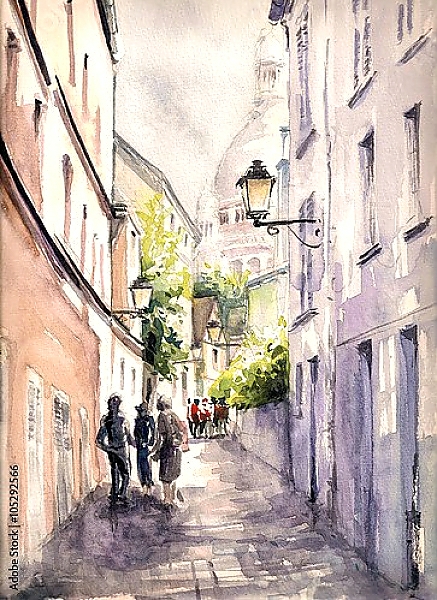 Постер Акварельная улица Парижа с типом исполнения На холсте без рамы