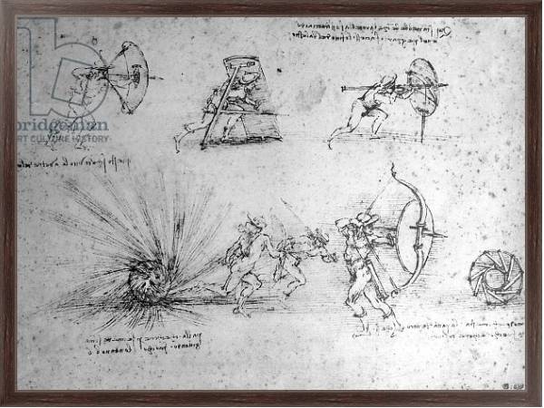 Постер Study with Shields for Foot Soldiers and an Exploding Bomb, c.1485-88 с типом исполнения На холсте в раме в багетной раме 221-02