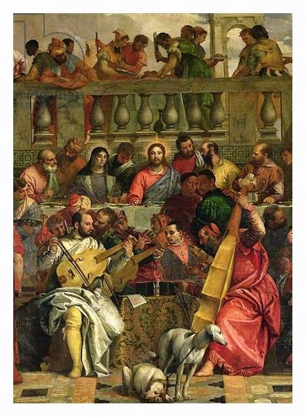 Постер The Marriage Feast at Cana, detail of Christ and musicians, c.1562 с типом исполнения На холсте в раме в багетной раме 221-03