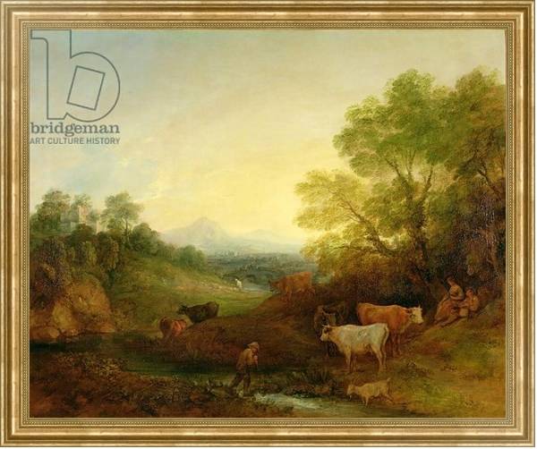Постер A Landscape with Cattle and Figures by a Stream and a Distant Bridge, c.1772-4 с типом исполнения На холсте в раме в багетной раме NA033.1.051