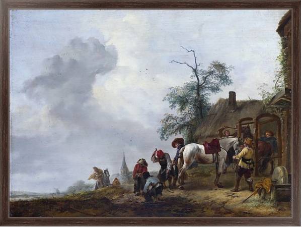 Постер Подковывание лошади у деревенской кузницы с типом исполнения На холсте в раме в багетной раме 221-02