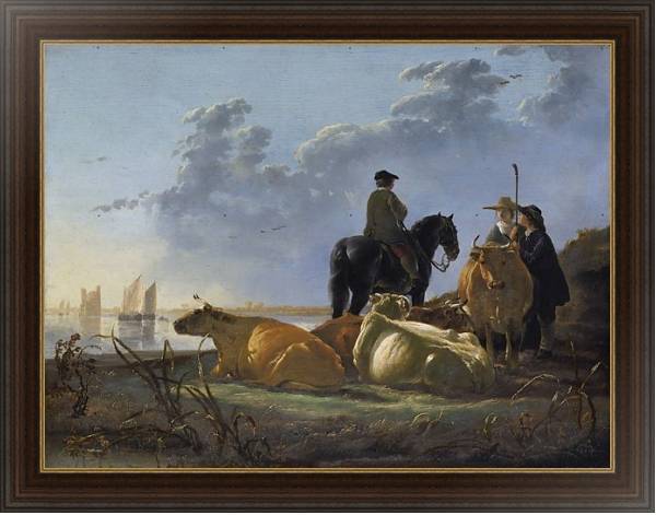 Постер Крестьяне со скотом рядом с речкой с типом исполнения На холсте в раме в багетной раме 1.023.151
