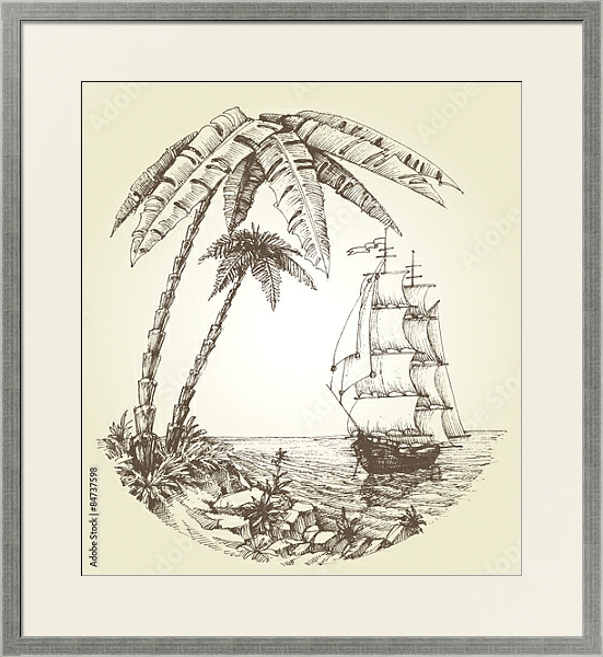 Постер Парусник на морском тропическом побережье с типом исполнения Под стеклом в багетной раме 1727.2510