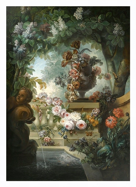 Постер A Garden Scene With An Urn Of Flowers, A Flower Garland And A Fountain Beneath A Canopy Of Wisteria с типом исполнения На холсте в раме в багетной раме 221-03