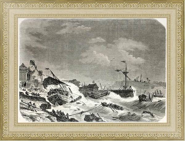 Постер Storm damaging ships in the cost of Macao. Created by De Berard, published on L'Illustration Journal с типом исполнения Акварель в раме в багетной раме 484.M48.725
