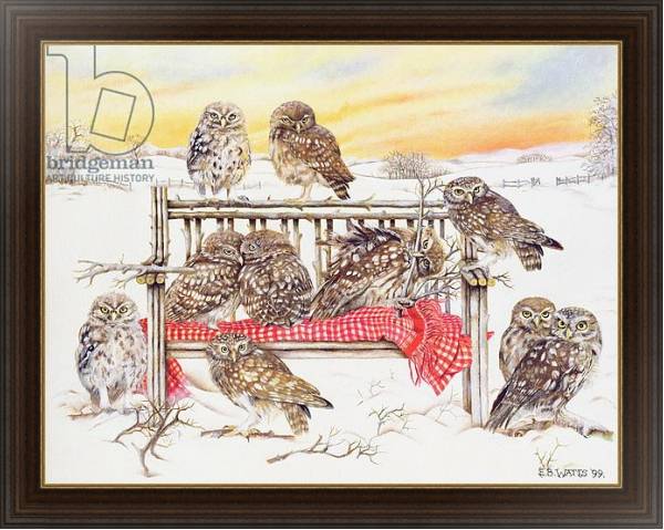 Постер Little Owls on Twig Bench, 1999 с типом исполнения На холсте в раме в багетной раме 1.023.151