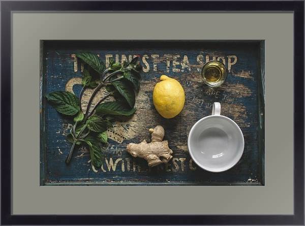 Постер Чай с лимоном, мятой и имбирным корнем с типом исполнения Под стеклом в багетной раме 221-01