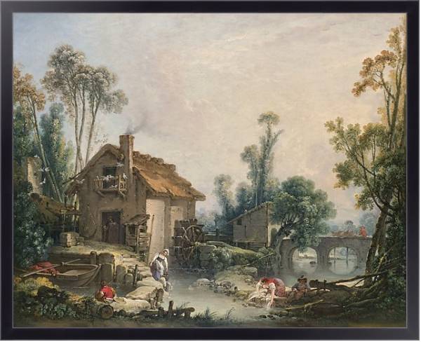 Постер Пейзаж с водяной мельницей с типом исполнения На холсте в раме в багетной раме 221-01