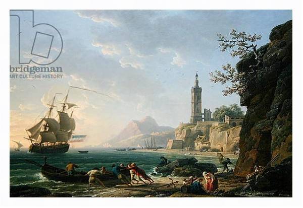 Постер A Coastal Mediterranean Landscape with a Dutch Merchantman in a Bay, 1769 с типом исполнения На холсте в раме в багетной раме 221-03