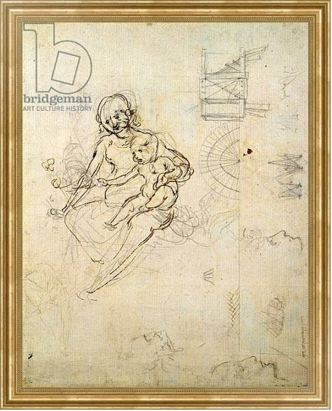 Постер Studies for a Virgin and Child and of Heads in Profile and Machines, c.1478-80 с типом исполнения На холсте в раме в багетной раме NA033.1.051