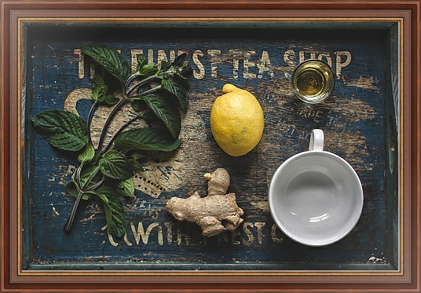 Постер Чай с лимоном, мятой и имбирным корнем с типом исполнения На холсте в раме в багетной раме 35-M719P-83