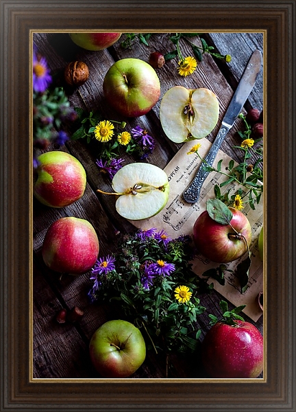Постер Садовые яблоки, цветы и ноты с типом исполнения На холсте в раме в багетной раме 1.023.151
