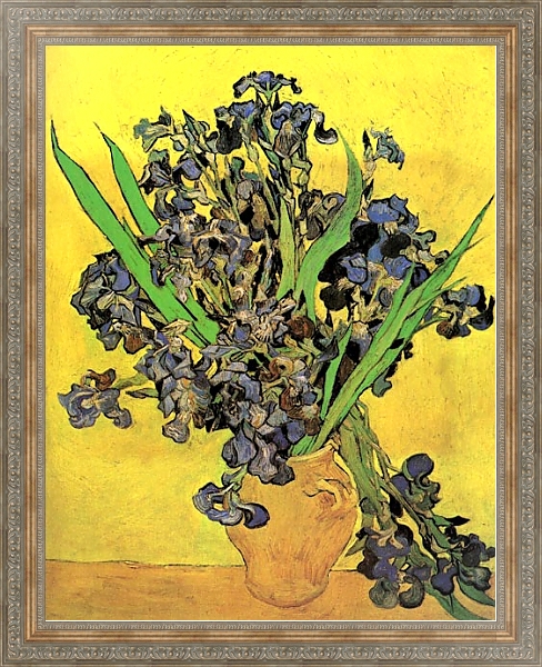 Постер Натюрморт: ваза и ирисами на желтом фоне с типом исполнения На холсте в раме в багетной раме 484.M48.310
