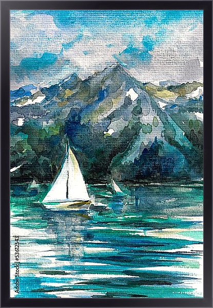 Постер Белый парус на озере с типом исполнения На холсте в раме в багетной раме 221-01